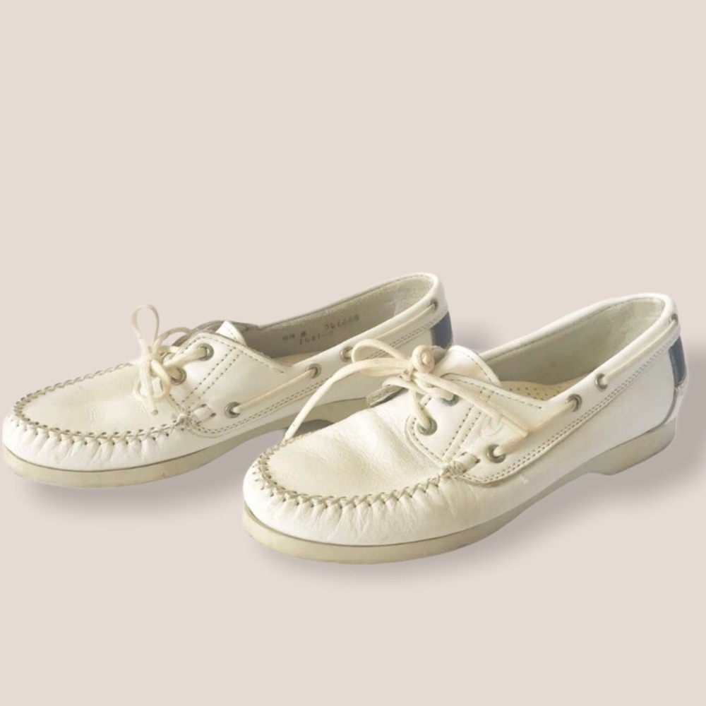 Slip On Off White Flat Boat Shoes Loafer Style